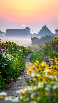 Colorful Wildflower Path Leading Through Misty Rural Village at Sunrise
