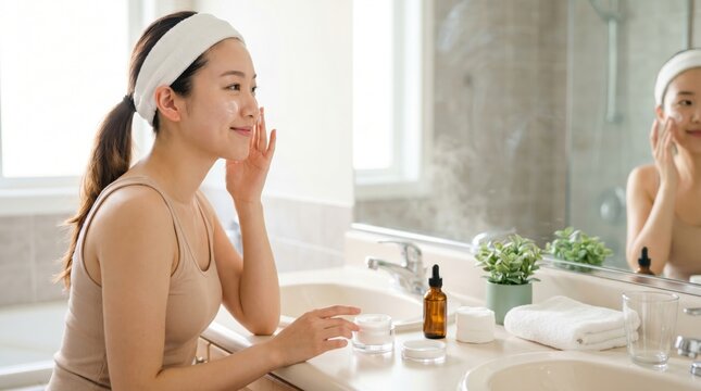 Young woman applying face cream in bathroom mirror wellness-routine