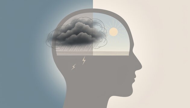 Mindset shift concept. Silhouette of a human head showing stormy and sunny weather inside the brain.