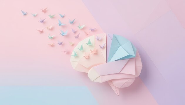 Mindset shift concept. Origami brain with birds flying away, symbolizing creativity and freedom.