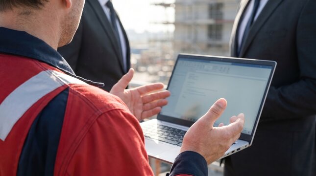 construction worker holding laptop explaining project details to managers management