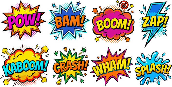 Colorful Comic Book Sound Effects Set POW BAM BOOM ZAP KABOOM CRASH WHAM SPLASH, Retro Pop Art Explosion Speech Bubble Vector Collection