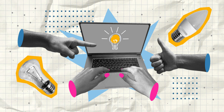 Cut Out Collage Elements Halftone Laptop Light Bulb Hands on Math Crumpled Paper. Contemporary minimalistic business style. Ready use elements for designs. Trendy Modern Vector Banner with Collage 