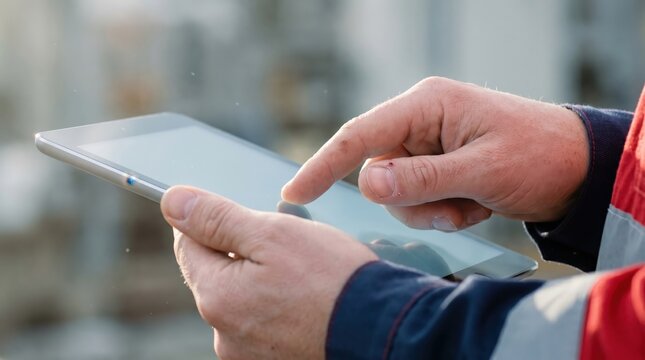 worker hands using tablet screen outdoors industrial inspection quality control