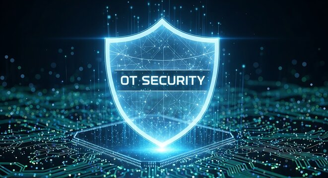 Glowing digital shield labeled ot security hovering over a complex circuit board with data particles and blue light connections in background