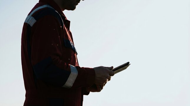 engineer in red work uniform holding tablet outdoors industrial inspection