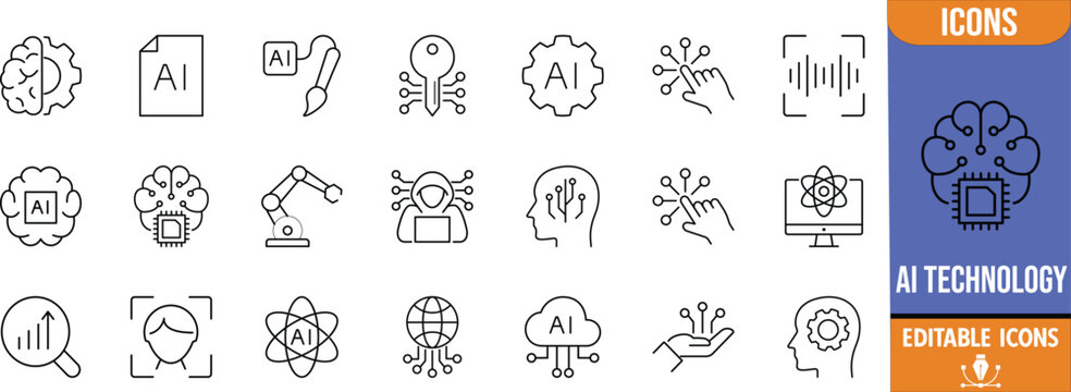 Artificial intelligence machine learning technology icons. brain icon set, robot icon set, chip icon set