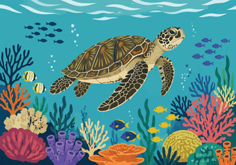 Sea Turtle Swimming Through Coral Reef Vector Illustration featuring tropical marine biodiversity colorful underwater ecosystem and ocean conservation concept © Rahmat