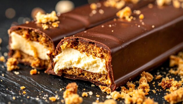 Macro shot of sweet curd snack. Close up of estonian kohuke dessert bar featuring smooth cottage cheese and chocolate glaze.