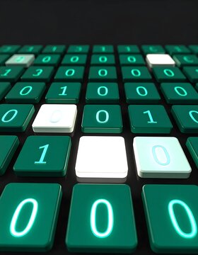 Glowing Binary Number Keys Arranged on Dark Futuristic Keyboard Surface