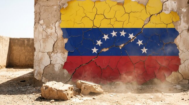 Venezuela flag painted on cracked crumbling wall ruins national identity political crisis
