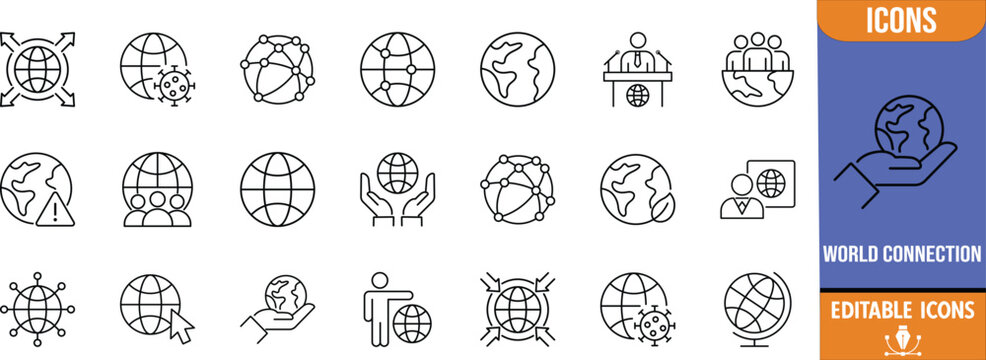 Global world connectivity outline icons. globe icon set, network icon set, people icon set