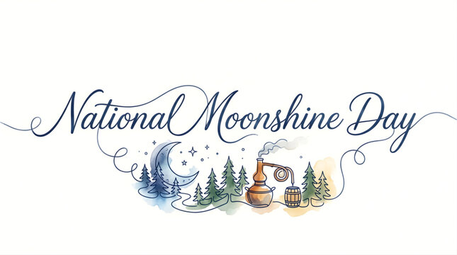 National Moonshine Day elegant lettering illustration with copper still, wooden barrel, and night forest landscape background