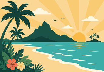 Obraz premium Tropical Sunrise Beach Landscape Vector Illustration with palm trees golden sun ocean shoreline and peaceful island scenery