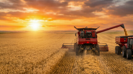 Fototapeta premium A combine harvester collects wheat while a tractor waits to receive the harvest. The sun sets in the background, casting warm light over the farm. Dust rises as equipment moves through the field