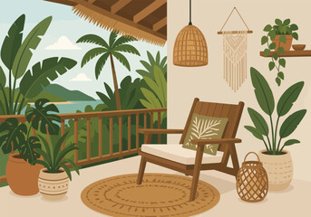 Fototapeta premium Tropical Patio Lounge Vector Illustration with rattan chair indoor plants wooden deck and relaxing resort style living space