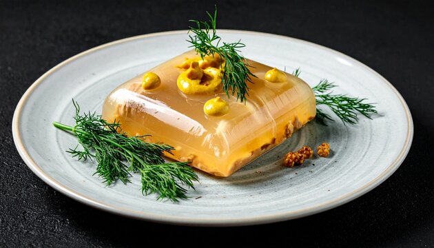 Pork jelly aspic with mustard. Classic estonian s&uuml;lt appetizer block served with traditional mustard.