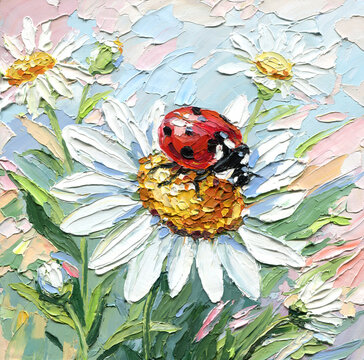 ladybug on daisy flower impasto oil painting with white petals pastel garden background for spring nursery wall art