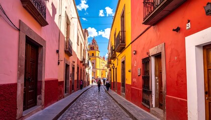 Fototapeta premium Colorful Colonial Street with Pedestrians Walking Toward Church in Historic Town Center