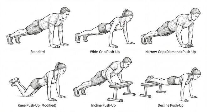 Black and white line art illustration showing six different push up variations for fitness training including standard wide grip knee incline and decl