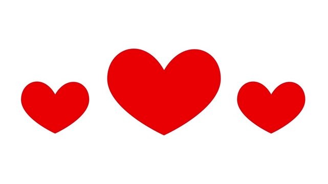 Three red paper hearts in a row on white background minimalist love symbol