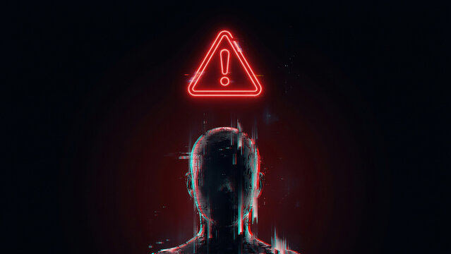 Glowing Red Neon Warning Triangle Over Dark Glitch Human Head Silhouette Symbolizing Cyber Security Threat Perfect for Cybersecurity Advertising Technology Presentation and Background