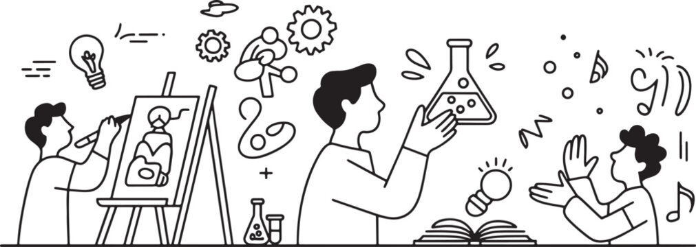 Stem education and arts activities classroom illustration with line art education students learning classroom