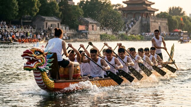 Dragon Boat Race Excitement: A team of determined athletes propels a vibrant dragon boat forward in a spirited race, the crowd cheering from the shore amidst traditional architecture.