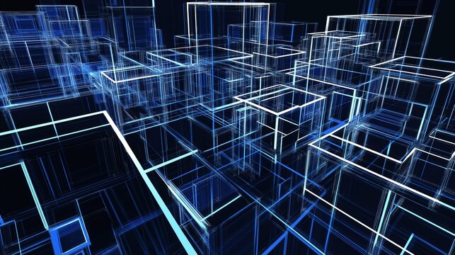 Futuristic tech abstract art, glowing blue and white lines form complex cuboid structure network, dark blue gradient black background, overlapping cross lines creating depth and motion, digital city a