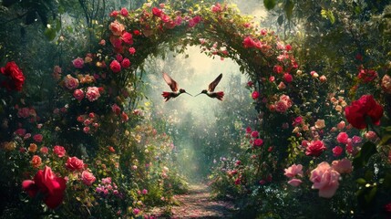 Fototapeta premium Rose archway, hummingbirds