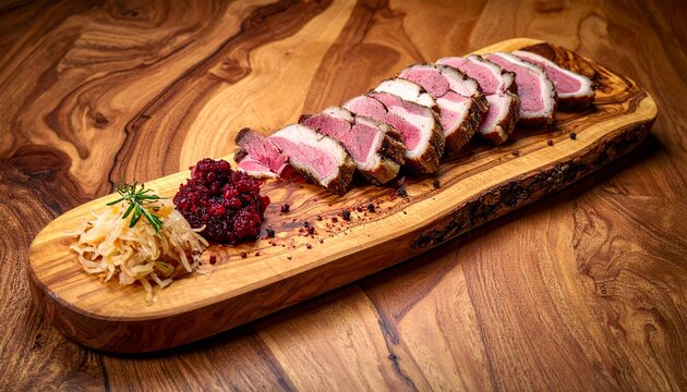 Sliced duck breast. Classic french magret de canard beautifully roasted to a perfect pink medium rare, served on a rustic wooden board alongside sweet dark berry compote and fresh savory herbs.
