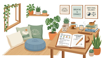 Fototapeta premium Cozy mindfulness journaling space illustration with indoor plants meditation cushion and open journal for mental health therapy self care and emotional balance
