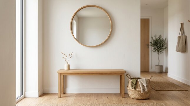 Simple entryway with a wooden table, round mirror and a small plant on display in a bright space