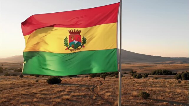 Bolivian flag waving on flagpole at golden hour over vast dry landscape with distant mountains, symbol of national pride August 6 u2014 Bolivia's Independence Day