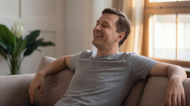 Happy Caucasian man leaning back on a sofa and laughing with eyes closed, illustrating the health benefits of laughter for stress relief and anxiety reduction at home.
