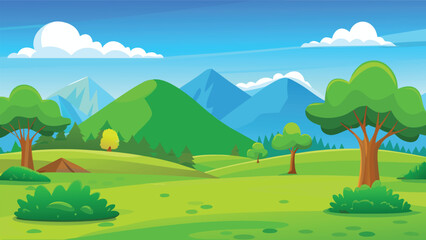 Obraz premium Lush green valley with rolling hills trees and mountains under a bright blue sky with fluffy clouds conceptual landscape