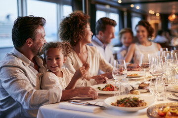 Obraz premium Family enjoying dinner together in a restaurant on a cruise ship, representing family cruise vacation, dining at sea and relaxed summer travel moments