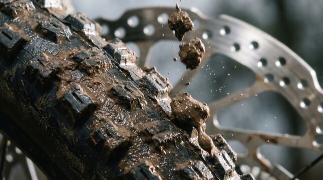 muddy mountain bike tire spinning throwing dirt clods off disc brake outdoor recreation