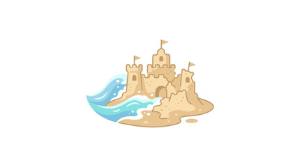 A detailed illustration of a sandcastle being gently touched by a blue ocean wave. © Kamsiyah_Bintimawadi