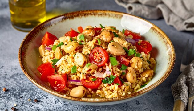 Fava bean salad. Classic Mediterranean Foul Mudammas salad mixing tender cooked fava beans with fresh chopped tomatoes, red onions, and green parsley in a rustic ceramic bowl for healthy dining.