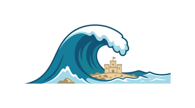 A large ocean wave about to crash over a small sandcastle on the beach.