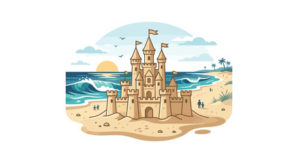 Detailed illustration of a grand sandcastle built on a sandy beach. © Kamsiyah_Bintimawadi