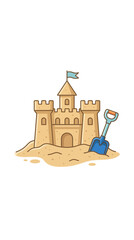 A detailed illustration of a sandy beach castle with a blue shovel. © Kamsiyah_Bintimawadi