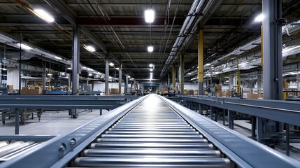 Obraz premium An interior view of an industrial production facility featuring metal conveyor lines and overhead lighting