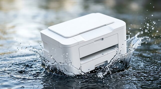 White office printer plunging into dark water creating large splash effect for dramatic tech damage or disaster marketing