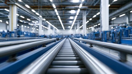 Obraz premium An expansive view of a metal production conveyor line stretching through a brightly lit industrial corridor