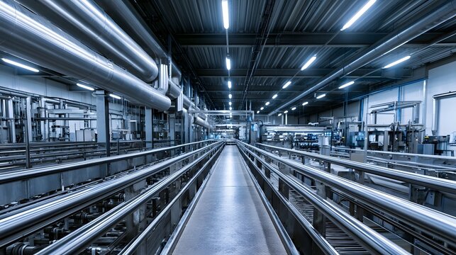 An empty industrial corridor featuring a long metal conveyor line under bright overhead lighting