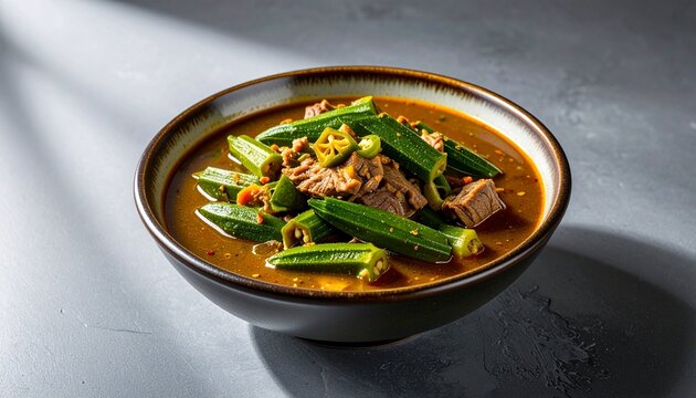 Savory okra stew, Authentic middle eastern bamya meat stew with fresh green okra slices in a rich broth.