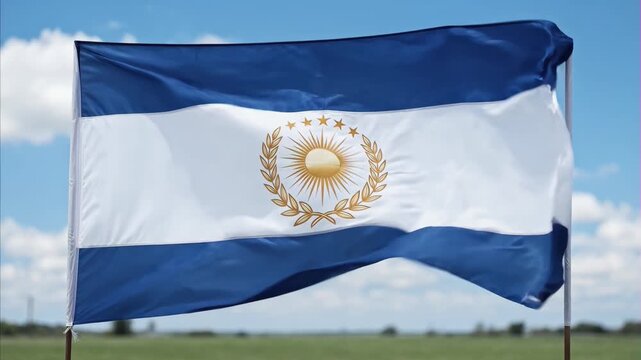 Blue white flag waving outdoors sunny day against blue sky, featuring central golden sun emblem, laurel wreath, five stars. June 24 St. John's Day (Latin America, Europe)