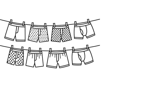 A collection of various men boxer shorts hanging on clotheslines in a simple line art style.